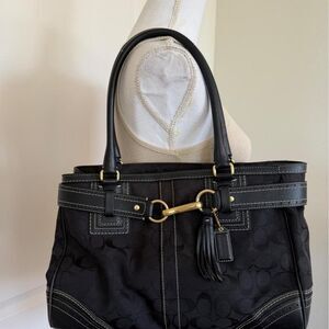 Vintage Black Coach Hamptons Signature Jacquard Shoulder Bag Tote Y2K